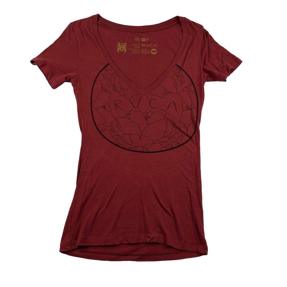 RVCA V Neck Swoop Neck Shirt Womens XS Red Artist Network Program Short Sleeve